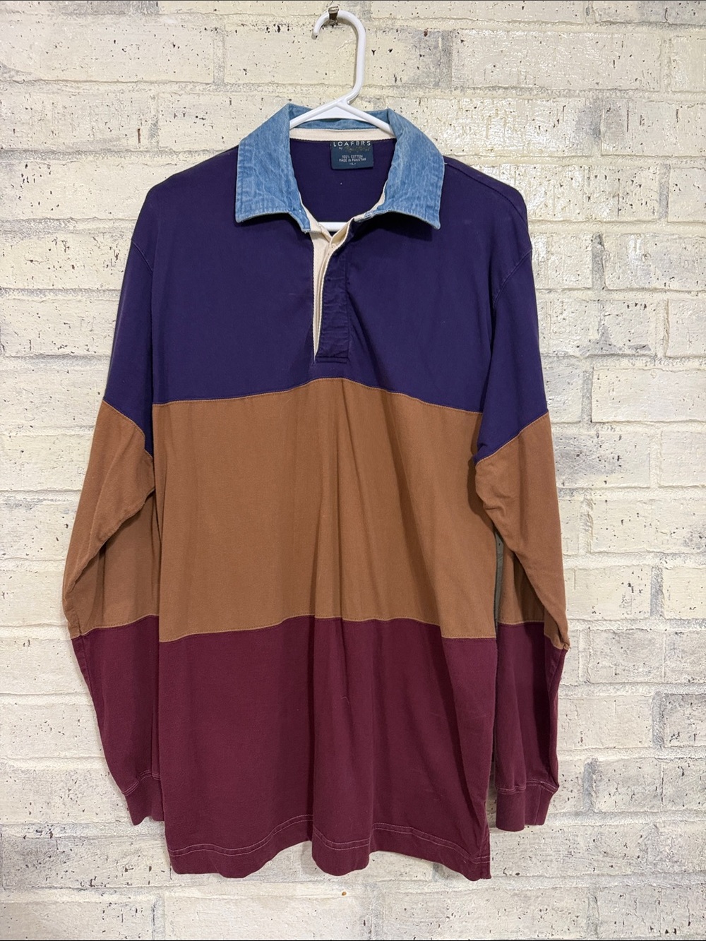 Men's Colorblock Rugby Shirt with Denim Collar - Purple/Tan/Burgundy